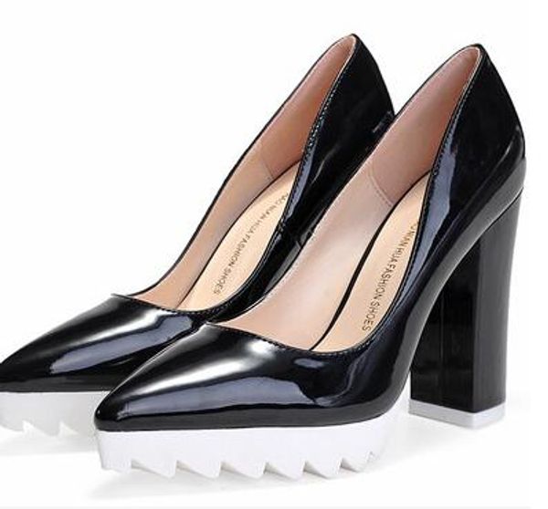 

fashion women leather chunky heel dress shoes platform pointed toes sandals 11cm high heel summer spring fall shoes 5colors, Black