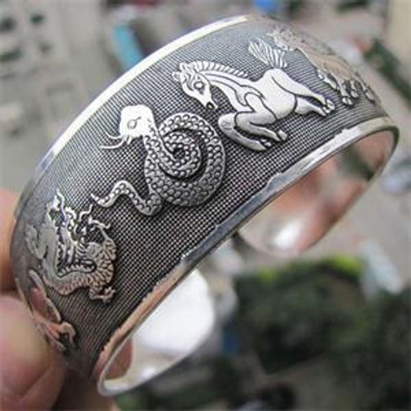 

wholesale-2016 fashion retro tibetan tibet silver chinese zodiac bracelets near round metal animal totem cuff bangles women jewelry, White