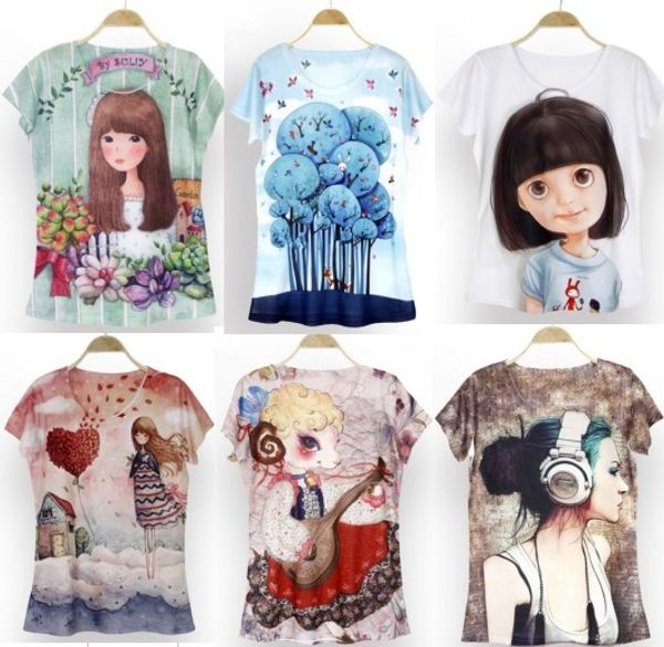 

new exotic novelty new style short sleeve 3d digital printing casual 3d t-shirt girl's t-shirt loose blouse xs, White
