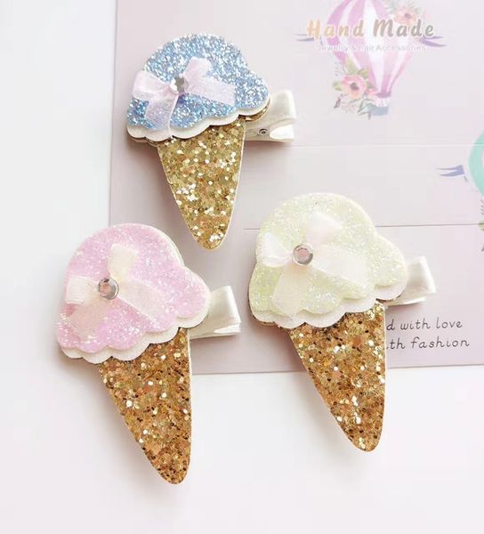 

boutique 15pcs/3c fashion glitter cute icecream bowknot hairpins solid gemstone icecream cone hair clips princess headware, Slivery;white