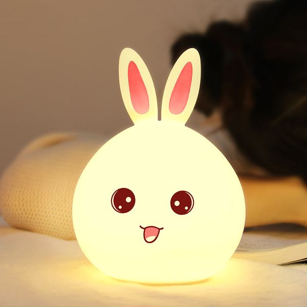 Happy Rabbit Silicone LED Night Light Lâmpada USB Recarregável Sensível Toque Controle Luz do Quarto com Branco Quente, Cor Única e 7 Cores