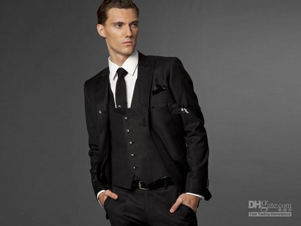 Atacado de alta qualidade Lã terno Terno de negócio terno preto quatro peças terno (jaqueta + calça + colete + camisa)