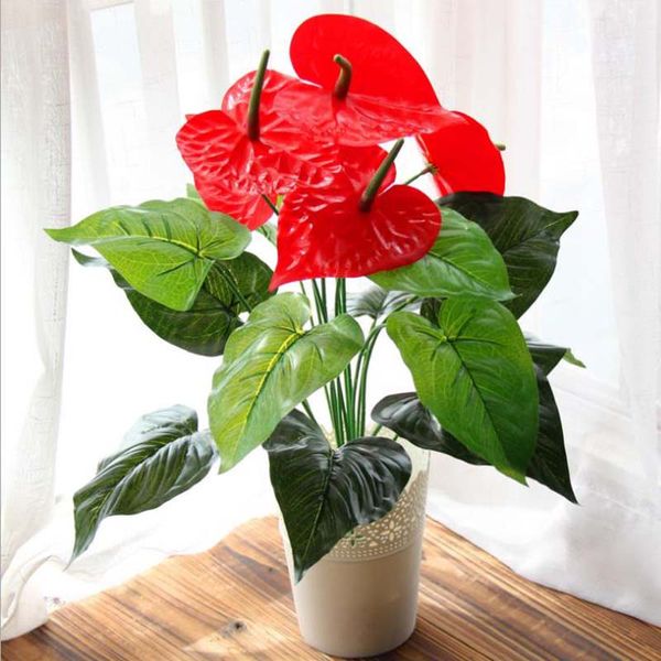 Grande 18 Cabeças Flor Artificial Pequeno Em Vasos De Seda Planta Grande Anthurium Em Vasos de Escritório Em Casa Decoração Do Jardim Bonsai Atacado