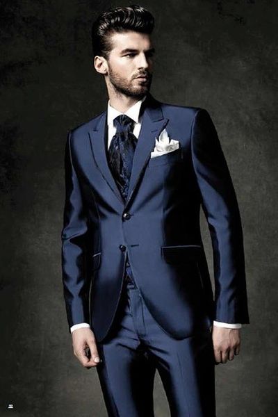 Erkekler takımları blazers moda iki düğme parlak mavi damat smokin yaka sağdı sağdıç en iyi erkek erkek düğünler balo (ceket+pantolon+yelek+kravat) hayır