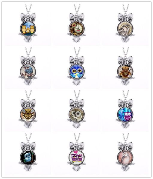 

vintage style silver owl pattern charm glass time gemstone pendant necklace women men jewelry gifts xmas