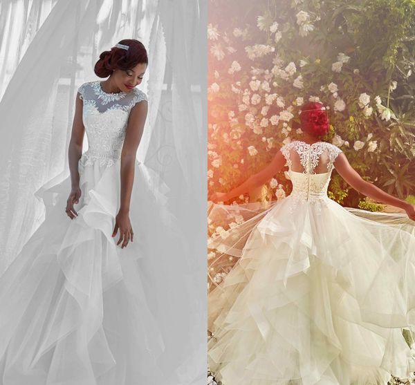 

african ball gown wedding dresses sheer neck cap sleeves appliques ruffled tulle black bride wedding gowns nigeria bridal dresses, White