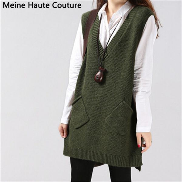 

wholesale- sweater autumn medium-long sleeveless one-piece dress sweater female v-neck vest knitted, White;black