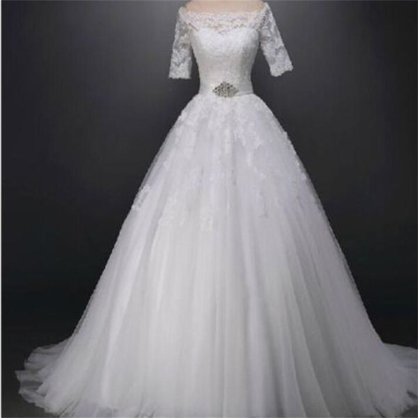 

2017 new real wedding dresses with half sleeves gorgeous boat neck princess formal dress white/ivory elegant bridal gown