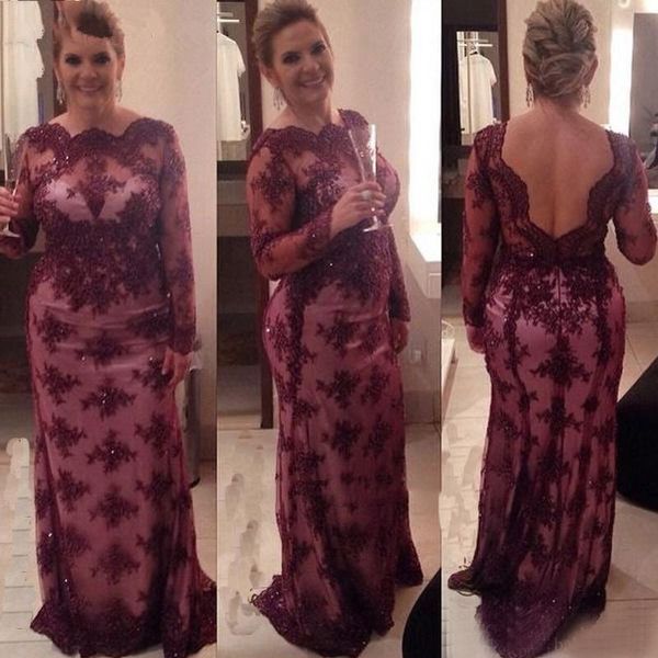 2017 Burgundy Lace Illusion Long Sleeves Mutter der Braut Kleider Sexy Rückenfreies Perlen Bateau Formelles Kleid Plus Size Maßgeschneidert EN6266