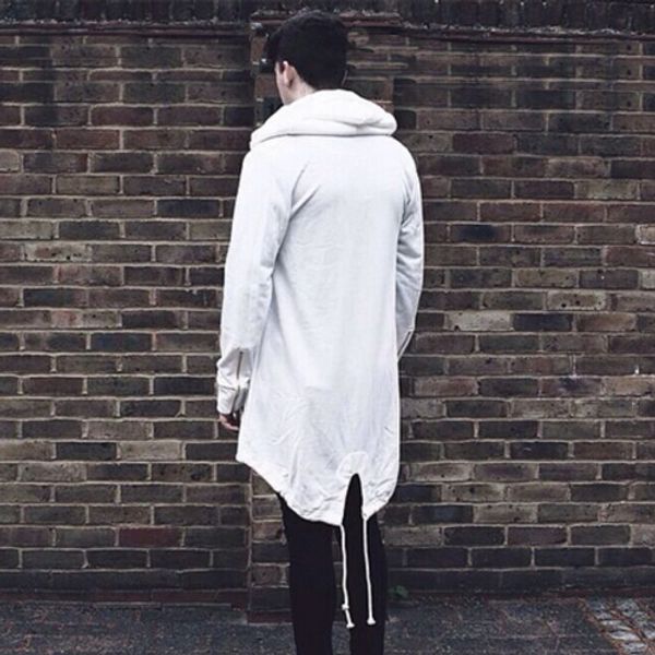 

Men's Distressed Long Hoodies White Black Zip Long Sleeve Hooded Loose Casual Coat Hip Hop Street Outwear Hi-Lo Trench Jacket YYG1009