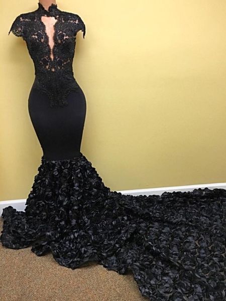 High Neck Preto 2K17 Prom Vestidos Longo Cap Mangas 3D Floral Flores de Renda Longo Sereia Vestidos de Noite Sexy Frente Aberta Formal Vestido de Festa