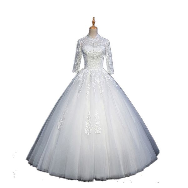 

high neck lace tulle ball gown wedding dress vintage 2018 new backless bridal gowns floor length, White