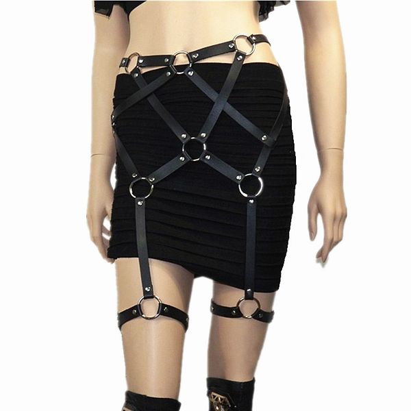 

wholesale- new punk handcrafted waist cincher leather thigh high suspenders garter belt leg harness waist strap high quality, Black;brown