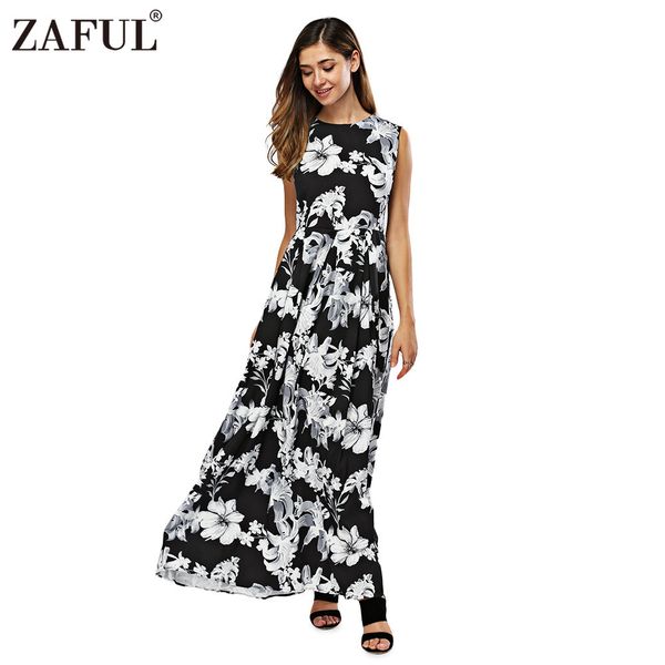 

wholesale- zaful new women long summer dress retro floral print vintage dress sleeveless floor-length female party maxi dress vestidos, White;black