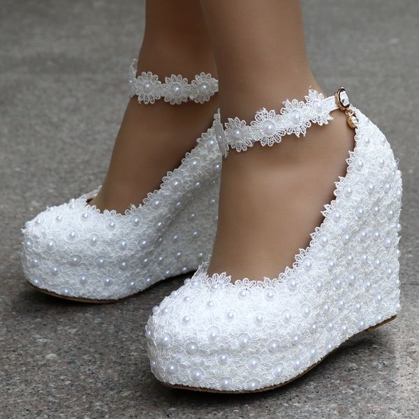 

Cry tal queen white wedge wedding pump weet white flower lace pearl platform pump hoe bride dre high heel