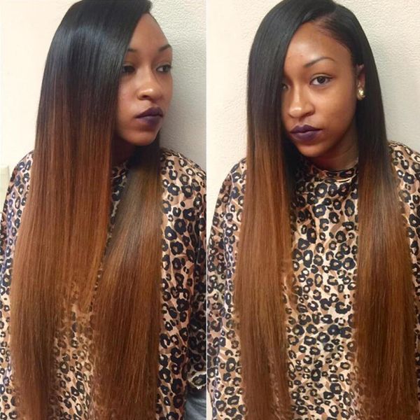 

full lace human hair wigs ombre two tone t1b/30 silky straight brazilian virgin hair 150 density bleached knots lace front wigs glueless, Black;brown