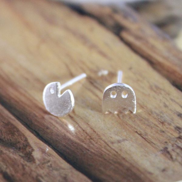 

5 пар/лот новый стиль реальный чистый стерлингового серебра 925 Pacman форма маленький призрак игры сообщение серьги стержня pendientes де Плата