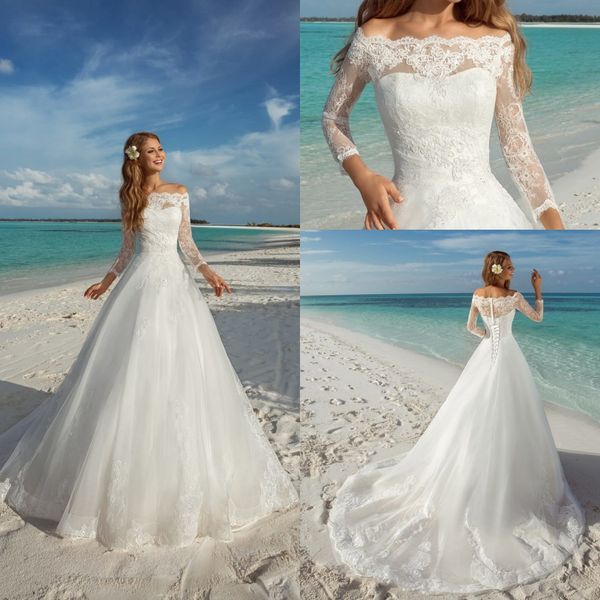 

glamorous bridal summer wedding dresses 2018 off shoulder with long sleeves floral appliques sweep train tulle wedding gowns, White