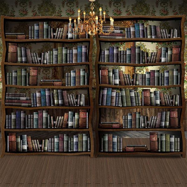 Vintage Bookshelf Photography Hintergrund Kronleuchter Innenraumbücher Back to School Photo Studio Backdrops Holzbrettboden