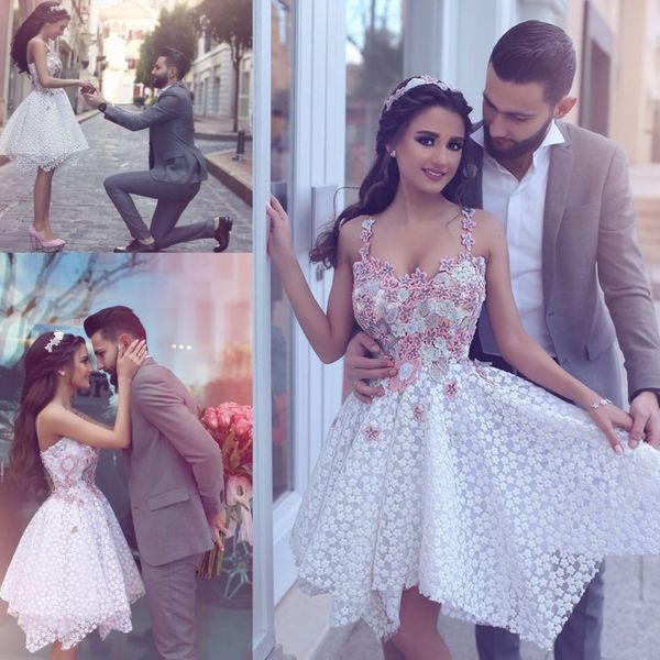 

chic lace short party homecoming cocktail dresses 2017 new said mhamad a line spaghetti straps prom evening gowns with appliques, Blue;pink