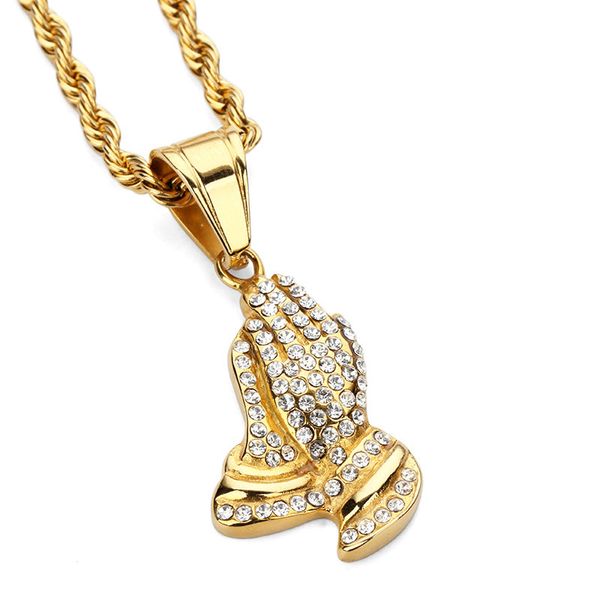 

2017 stainless steel praying hands pendant necklace hip hop iced out cz stone rhinestone men women fashion prayer jesus chains, Silver