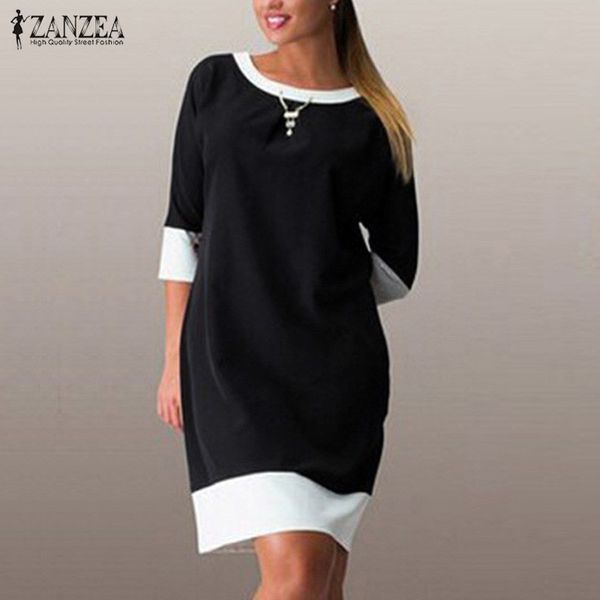 

wholesale- zanzea 2017 women dress casual loose dresses female half sleeve o neck patchwork knee length autumn femininas vestidos plus size, White;black