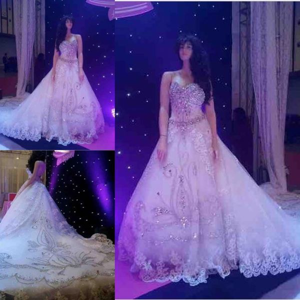 

luxury beaded wedding dresses sweetheart a line bridal gowns with heavy beading lace appliques tulle court train wedding vestidos customized, White