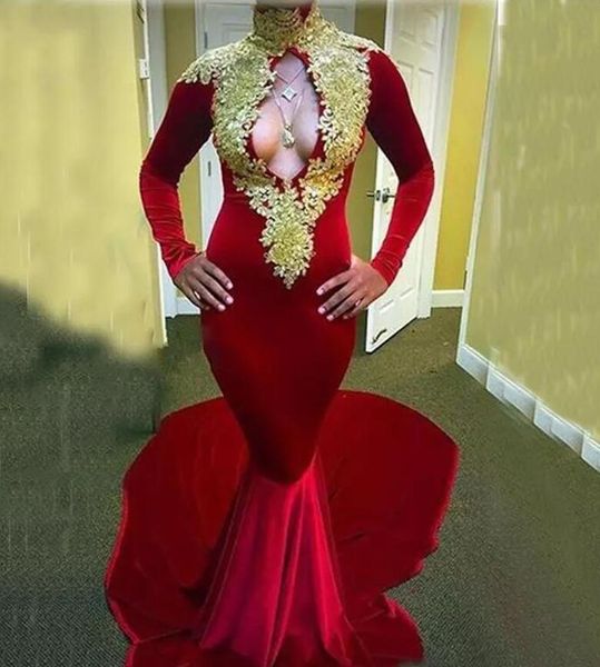 

2017 red velvet gold lace appliues high neck mermaid evening celebrity gowns long sleeves prom party gowns keyhole red carpet dress, Black;red