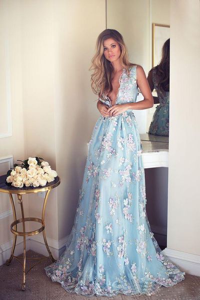 

fashion 3d floral appliqued prom dresses long deep v-neck party dress floor length illusion back tulle formal evening gowns, Black