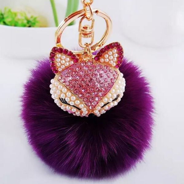 

19 color cute bling rhinestone fox real rabbit fur ball fluffy keychain car key chain ring pendant for bag charm 12 pcs ing, Silver