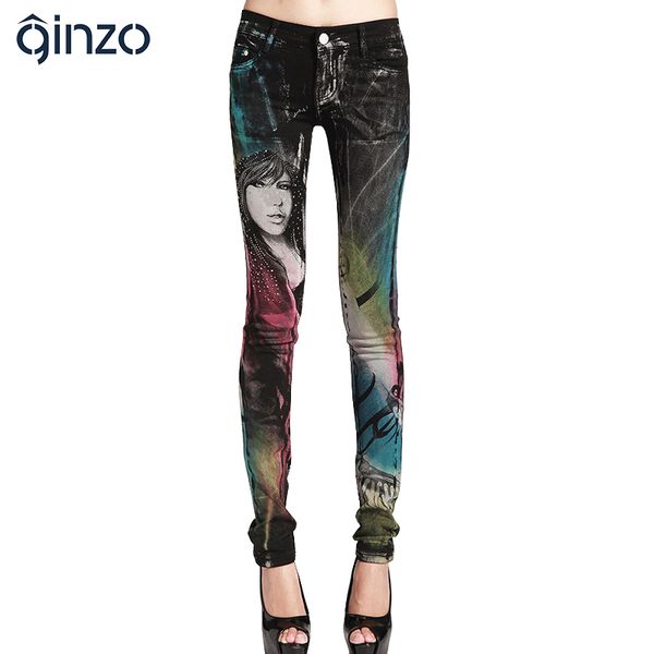 

wholesale- women's fashion colored beauty printed jeans lady's rhinestone painted stretch denim pants long trousers, Blue