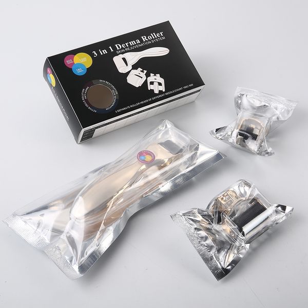 

dhl 3 in 1 derma roller,3 separate roller heads of different needle count 180c 600c 1200c golden handle black head skin roller