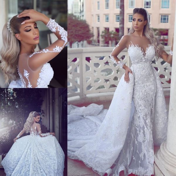 Abiti da sposa a sirena in pizzo di lusso con treno staccabile 2017 Il più nuovo collo trasparente maniche lunghe abiti da sposa Appliques bottoni posteriori Vestidos