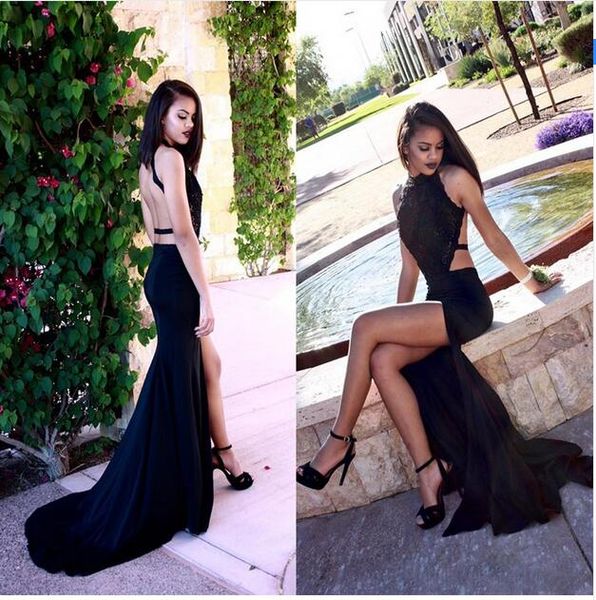 

2019 black evening dresses court train backless side high split mermaid lace prom party gowns vestido de festa selling custom e238, Black;red