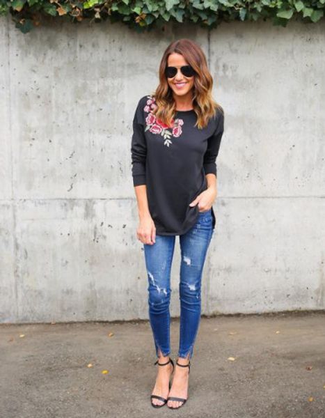 

2017 fashion new design flower embroidered on shoulder cotton long sleeve t shirt for women autumn winter, White