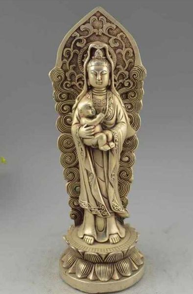 Chine Bouddhisme Argent Prier Bénir Enfant Garçon GuanYin kwan-yin Déesse Statue de Bouddha