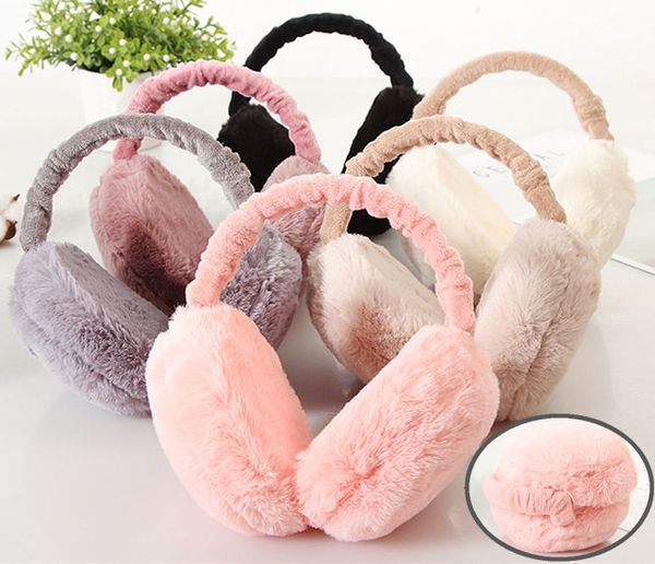 Kulak muffs kış moda kadınlar sahte tavşan kürk katı kulaklıklar ayarlanabilir katlanabilir sıcak sevimli kulak kapakları kızlar için