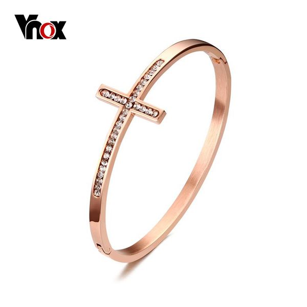 

wholesale- vnox sideways cross faith christian bracelets & bangles rose gold-color cross bracelets for women with cz stone, White
