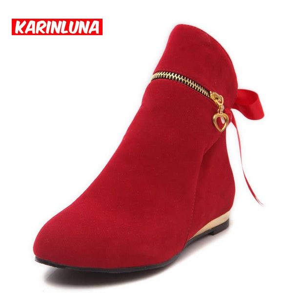 

wholesale-new style cute five colors 43 large size autumn winter boots suede bow shoes for women short round toe solid ankle boots, Black