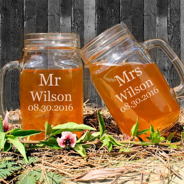 

wholesale- mr & mrs couple mason jars for drinking personalized wedding mason jar cups custom name and dates anniversary/party gifts favors