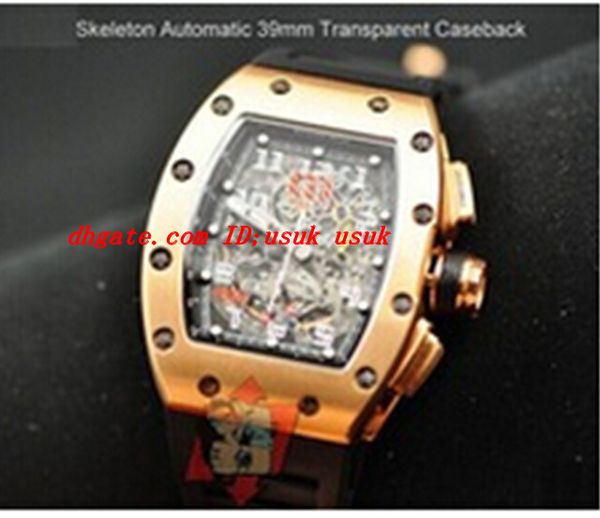 

new luxury wristwatch black rubber 39mm 18k rose gold mens automatic watch skeleton dial men's sports wrist watches transparent back, Slivery;brown