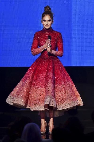 

2021 formal evening wear gowns high neck major beaded long sleeve tulle tea length prom dresses jennifer lopez haute couture evening dress, Black;red