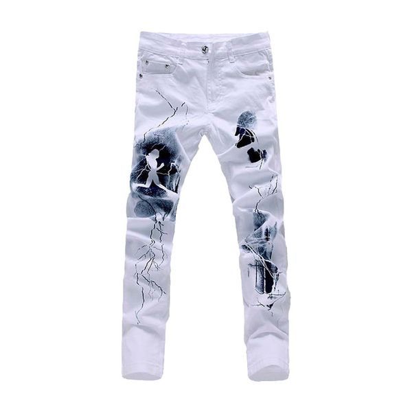 Wholesale-White 3D Printed Men Jeans Unique Lighting Man Biker Printing Cotton Large Size 40 Skinny Jeans For Men Denim Pants