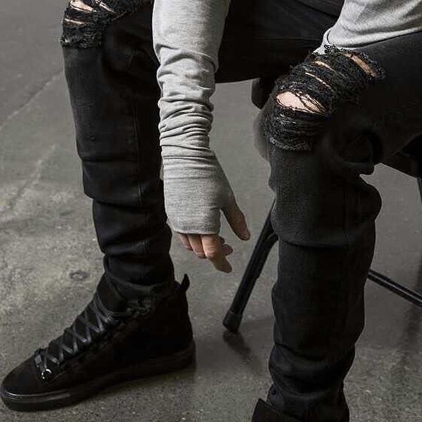 

wholesale-fashion mens straight slim fit biker jeans pants distressed skinny ripped destroyed denim jeans washed hiphop trousers black, Blue