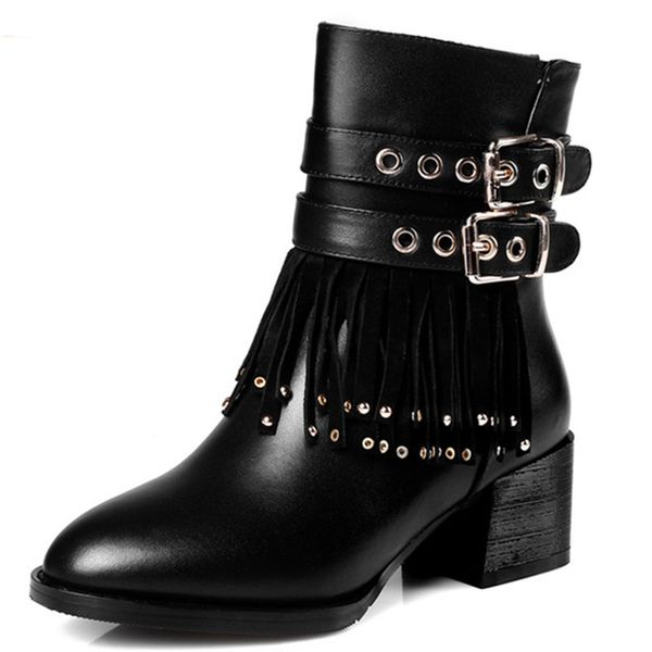 

new arrive autumn winter women boots square heels zipper buckle genuine leather ankle boots fringe plus size 32-44, Black