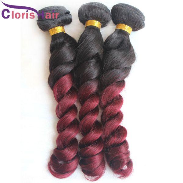 1b 99j Peruvian Loose Wave Hair Ombre Curly Weave Burgundy Human