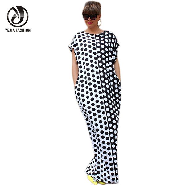 

wholesale- yejia fashion plus size boho summer dress short sleeve o-neck long maxi dresses black white polka dot printed beach dress, White;black