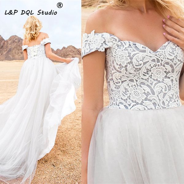 

light gray ball gown wedding dresses soft tulle sweep train bridal gowns off shoulder lace-up back floral lace garden wedding dress, White