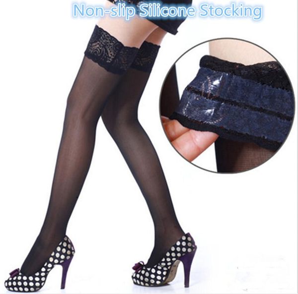 6 cores Sexy Womens Sheer Lace Top Silicone Não-slip Silicone Stocking Band Ficar Coxa Alta Meias Meia-calça lingerie Frete Grátis