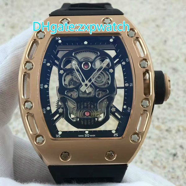 

High quality hollow machine fashion skull Tourbillon men watch gold shell rubber belt large size 43 * 50 men's favorite